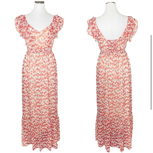 LC Lauren Conrad Cherry Print Maxi Dress Ruffle Trim 8 - Picture 2 of 9